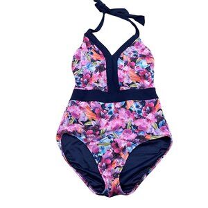 Lands End‎ 1pc Swimsuit Women 10L Blue Purple Floral Halter Tie Pad Bra Wide